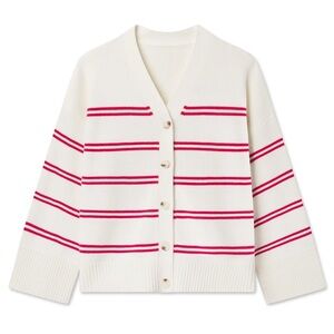 LAKE pajamas Nora Cotton Cardigan in Ivory Red Stripe